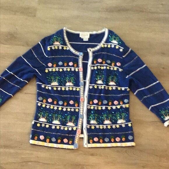 Vintage JUST B Berek Artsy Island Palm Tree Sequined Life Cardigan Sweater - Picture 2 of 5